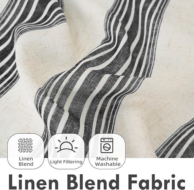 DriftAway Farmhouse Vertical Striped Linen Blend Textured Light Filtering Semi Sheer Curtains for Living Room Bedroom 84 Inches Long Drapes 2 Panels Broad Striped Black