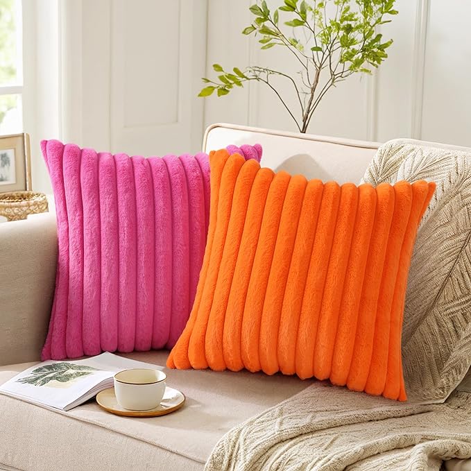 Pallene Faux Fur Plush Lumbar Throw Pillow Covers 12x20 Set of 2, Luxury Soft Fluffy Striped Decorative Pillow Covers for Sofa, Couch, Living Room, Hot Pink