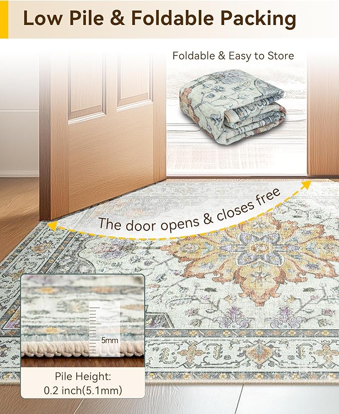 Area Rugs 3'x10' Washable Non-Slip, Floral Vintage Distress Print Pattern Medallion Carpet for Living Room Bedroom Dining Room, Light Yellow Carbon Grey Orange