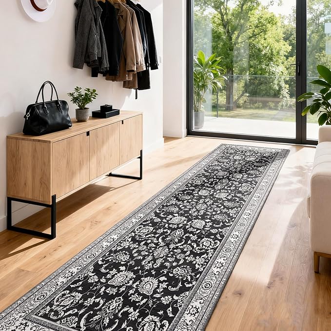 3x12 Machine Washable Floral Rugs: Long Runner Rugs for Hallways Non Slip Waterproof Carpet Runner Soft Vintage Low Pile Floral Rug for Kitchen Bedroom Bathroom Dining Living Room Black White