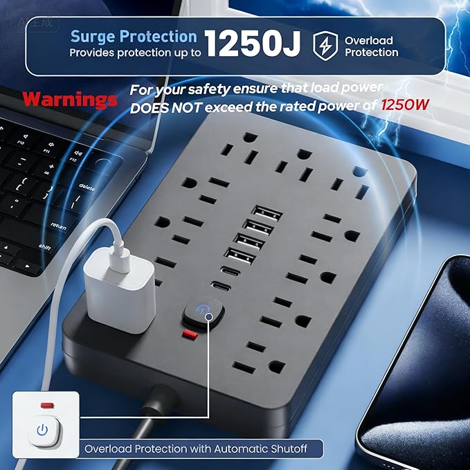 10 FT Flat Plug Surge Protector Power Strip,11 Multiple AC Outlets with 6 USB Ports (2 USB C), 10 Feet Extension Cord, 1250W/10A, One Touch Switch Button, 17 in 1 Compact powerstrip