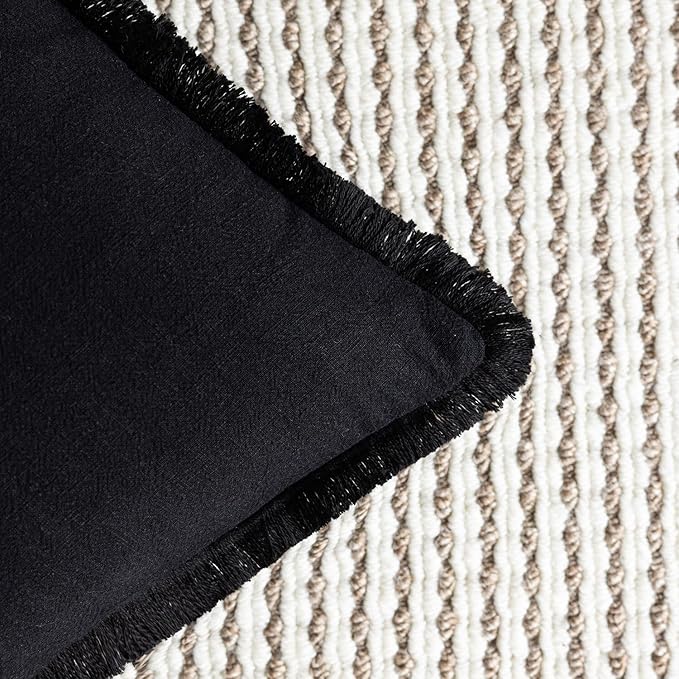 Foindtower Set of 2 Decorative Linen Fringe Throw Pillow Covers Cozy Farmhouse Boho Cushion Cover with Tassels Soft Accent Pillowcase for Couch Sofa Bed Living Room Home Decor 20×20 Inch Black