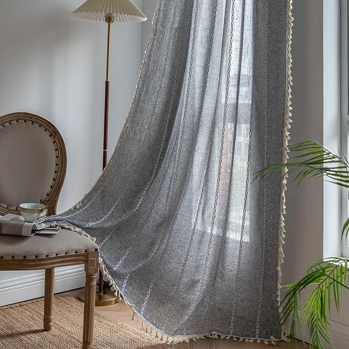 Sutuo Home Boho Curtain for Bedroom Living Room Kitchen, Semi Blackout Linen Farmhouse Shabby Chic Tassels Window Treatment Bohemian Embroidery Drape, Rod Pocket 1 Panel 52" W x 84" L, Black Grey