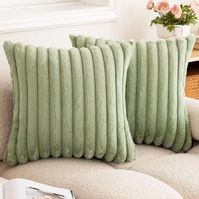Double-Sided Faux Fur Plush Throw Pillow Covers 18x18 Set of 2 Fuzzy Striped Soft Cozy Pillowcase Luxury Decorative Pillows Christmas Square Cushion Covers for Couch Sofa Bed,Sage Green