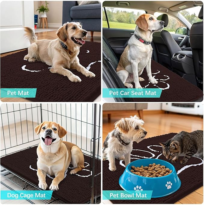 OLANLY Dog Door Mat for Muddy Paws 47x24, Paw Print Design, Absorbs Moisture and Dirt, Absorbent Non-Slip Washable Doormat, Quick Dry Chenille Mud Mat for Dogs, Entry Indoor Entryway Carpet, Brown