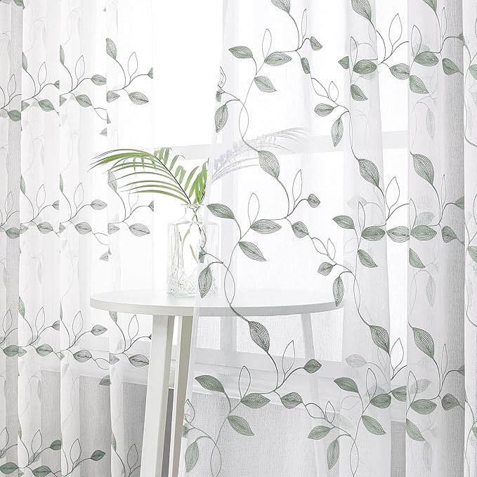 Tollpiz Sage Green Leaf Sheer Curtains Leaves Embroidered Living Room Short Curtain Rod Pocket Voile Window Treatments for Bedroom, 54 x 45 inches Long, Set of 2 Panels
