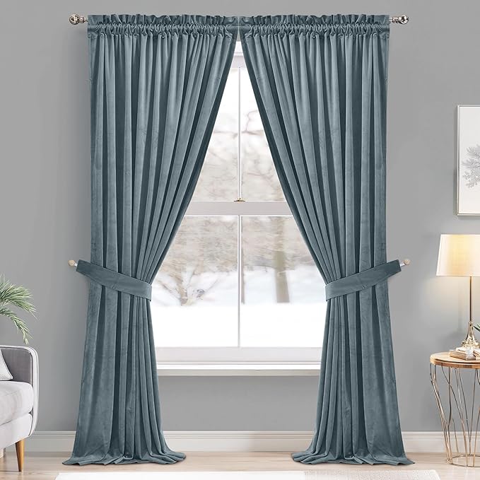 StangH Stone Blue Velvet Curtains for Living Room 62 inches Wide Soft Room Darkening Privacy Protect Drapes for Window Covering/Sliding Door/Office Divider, W62 x L90, 2 Panels