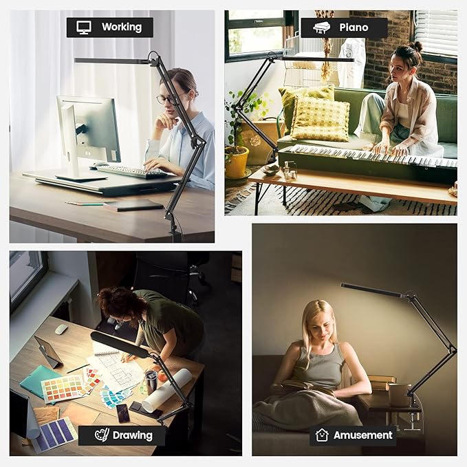 SKYLEO Desk Lamp for Home Office, Eye Comfortable LED Desk Light for Long Hours, Adjustable Swing Arm with Memory Function, Black