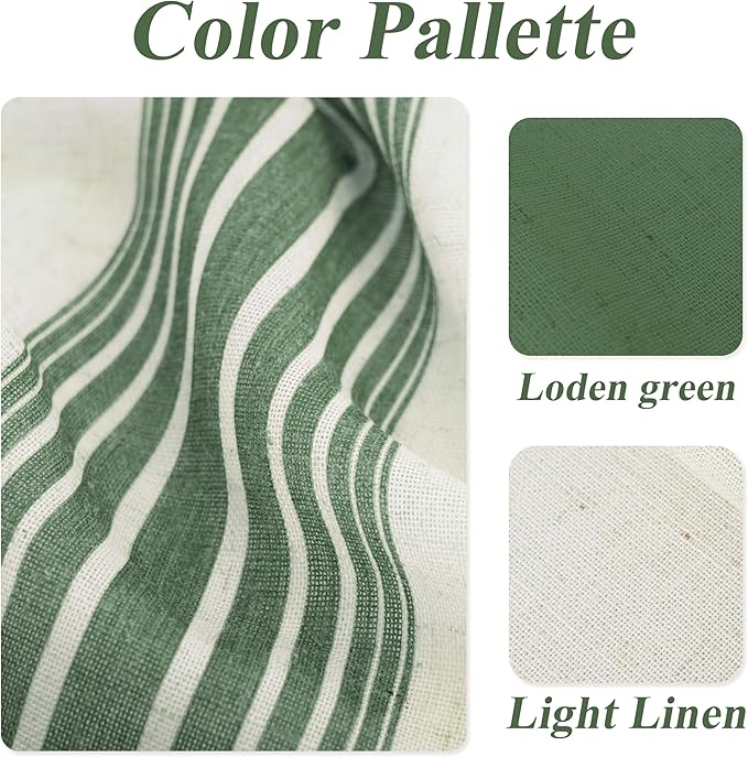 DriftAway Farmhouse Vertical Striped Linen Blend Textured Light Filtering Semi Sheer Curtains for Living Room Bedroom 96 Inches Long Drapes 2 Panels Broad Striped Loden Green