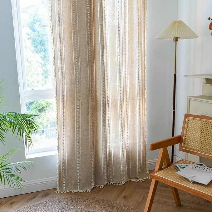 Sutuo Home Boho Curtains for Bedroom Living Room 63 Inch Length, Light Filtering French Country Farmhouse Vintage Shabby Chic Tassels Hollow Window Treatment Bohemian Drape 1 Panel 52"W x 63"L Natural