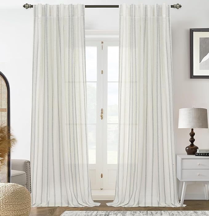 DriftAway Farmhouse Vertical Striped Linen Blend Textured Light Filtering Semi Sheer Curtains for Living Room Bedroom 108 Inches Long Drapes 2 Panels Linen Gray