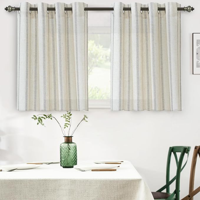 DriftAway Farmhouse Vertical Striped Linen Blend Textured Light Filtering Semi Sheer Curtains for Living Room Bedroom 36 Inches Long Drapes 2 Panels