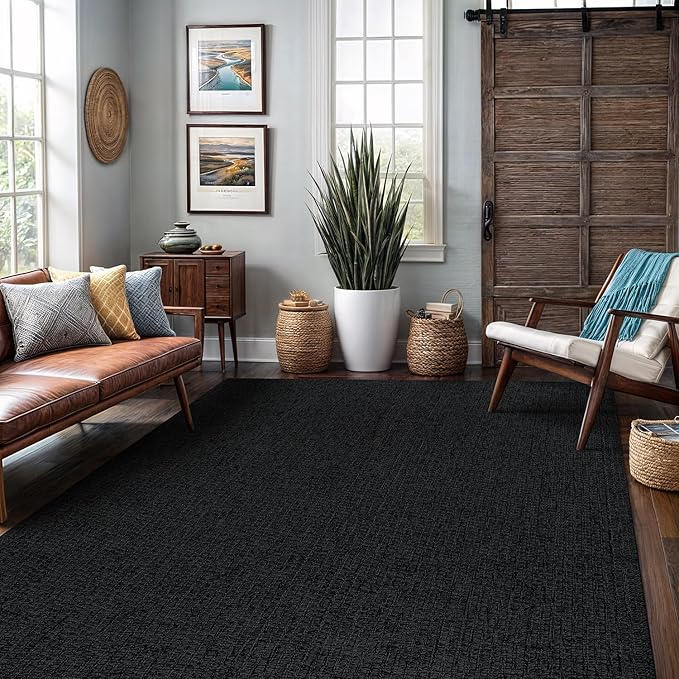 Easy Jute Rug 9x12 Indoor Outdoor Natural Rugs Solid Fiber Rug Woven Area Rug Boho Easy Clean Inside Carpet for Living Room Bedroom Dining Room Hallway or Outdoor Patio Porch (9 X 12 Dark Grey)