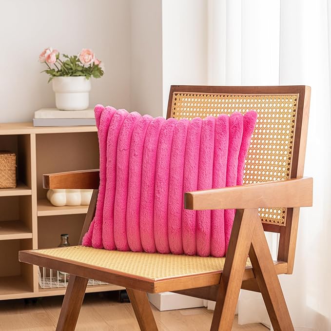 Double-Sided Faux Fur Plush Throw Pillow Covers 22x22 Set of 2 Fuzzy Striped Soft Cozy Pillowcase Luxury Decorative Pillows Square Fluffy Cushion Covers for Couch Sofa Bed,Hot Pink