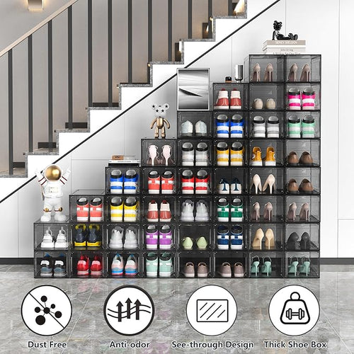 12 Pack Hard Sturdy Thickened Rigid XX Large Shoe Storage Organizer for Closet, Clear Stackable Sneaker Shoe Boxes Rack Containers Display Case Bins with Lids, Grey02