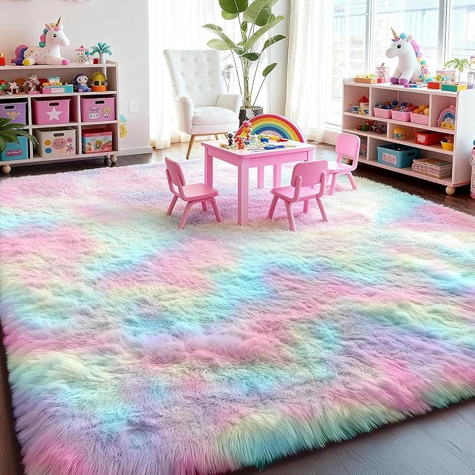PAGISOFE 9x12 Rainbow Large Area Rug,Plush Rugs for Bedroom Girls,Shaggy Carpet for Kids Room,Fuzzy Nursery Rug for Baby's Toddler's Room,Clorful Room Decor for Teenage Pastel Princess Rug