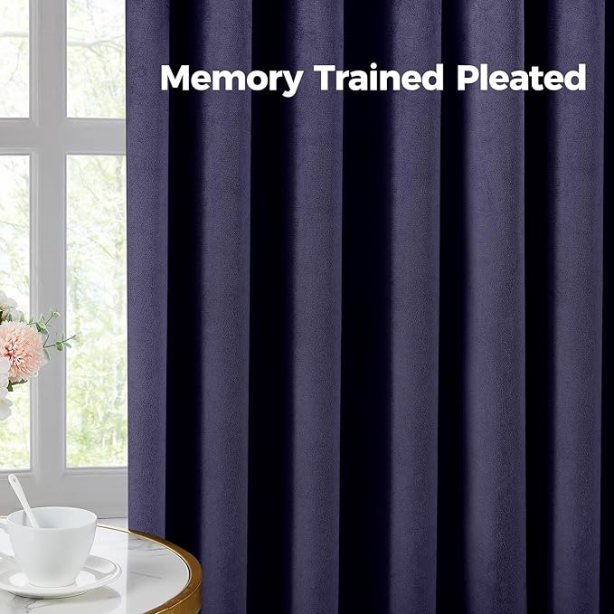 Pinch Pleated 100% Blackout Curtains for Bedroom, Navy Blue Velvet Curtains for Living Room, Black Out Curtain 84 inch Long Room Darkening, Blackout Pinch Pleat Drapes with Hooks 2 Panels