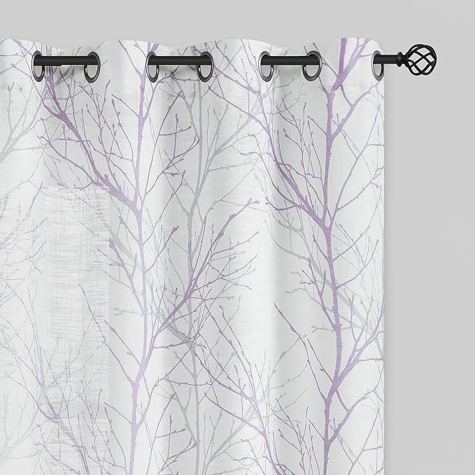 FMFUNCTEX Linen Semi Sheer Curtains for Bedroom, Lilac White Curtains 96 Inches Long for Living Room, Grey Tree Branch Patterned Curtain Light Filtering Farmhouse Window Drapes, Grommet Top 2 Panels