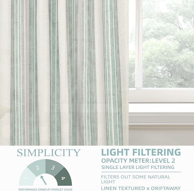 DriftAway Farmhouse Vertical Striped Linen Blend Textured Light Filtering Semi Sheer Curtains for Living Room Bedroom 108 Inches Long Drapes 2 Panels Broad Striped Green