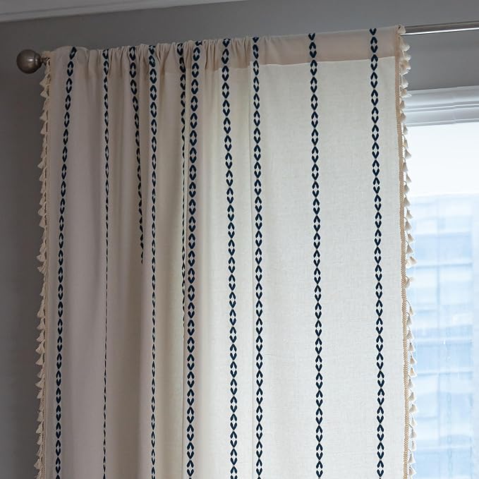 Sutuo Home Boho Kitchen Curtains for Dining Room, Semi Blackout Farmhouse Vintage Tassels Window Treatment Bohemian Embroidery Drape, Rod Pocket 1 Panel 52" W x 63" L, White and Navy Blue