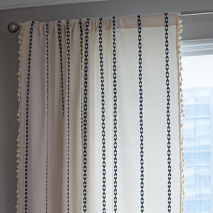 Sutuo Home Boho Curtains 90 inches for Bedroom Living Room, Semi Blackout Farmhouse Vintage Tassels Window Treatment Bohemian Embroidery Drape, Rod Pocket 1 Panel 52" W x 90" L, White and Navy Blue