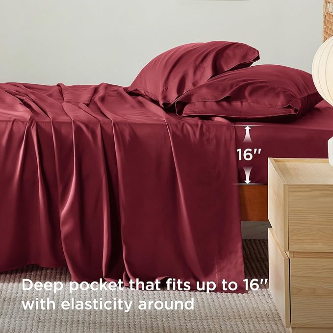 Bedsure Cooling Sheets Twin XL, Rayon Derived from Bamboo, Breathable & Soft Twin XL Sheet Sets, Deep Pocket Up to 16 Inches, Hotel Luxury Silky Dorm Bedding for Hot Sleepers, Burgundy