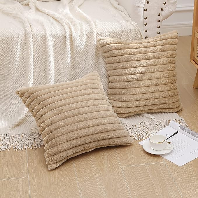 Pallene Faux Fur Plush Throw Pillow Covers 20x20 Set of 2, Luxury Soft Fluffy Striped Decorative Pillow Covers for Sofa, Couch, Living Room, Khaki