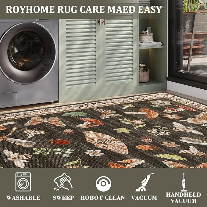 Mushroom Washable Rug 5x7 Area Rugs for Living Room, Insect Print Rug for Bedroom, Non Slip Throw Carpet with Rubber Back, Soft Low Pile Dining Room, Brown