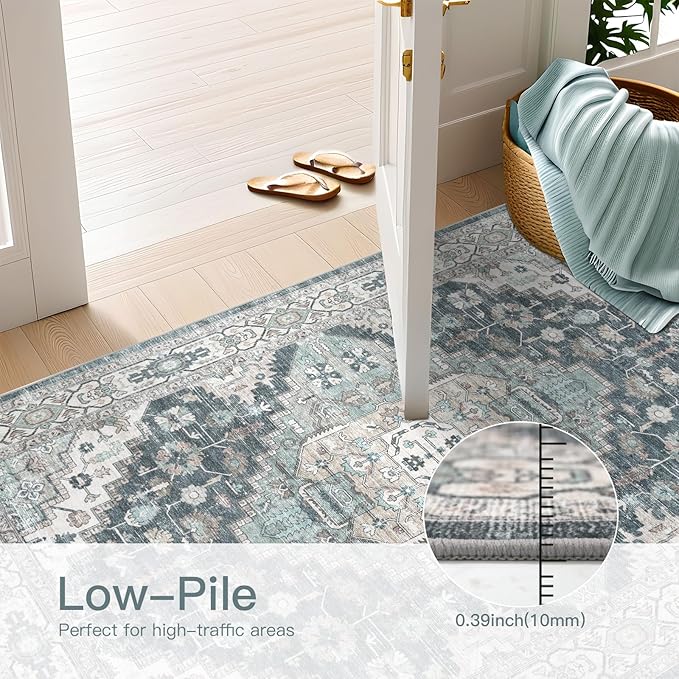 3x5 Vintage Washable Area Rug for Living Room,Low Pile Non Slip Carpet Non-Shedding Small Area Rug Soft Indoor Stain Resistant Rug Boho Print Mat for Bedroom Dining Room Blue Beige Multi