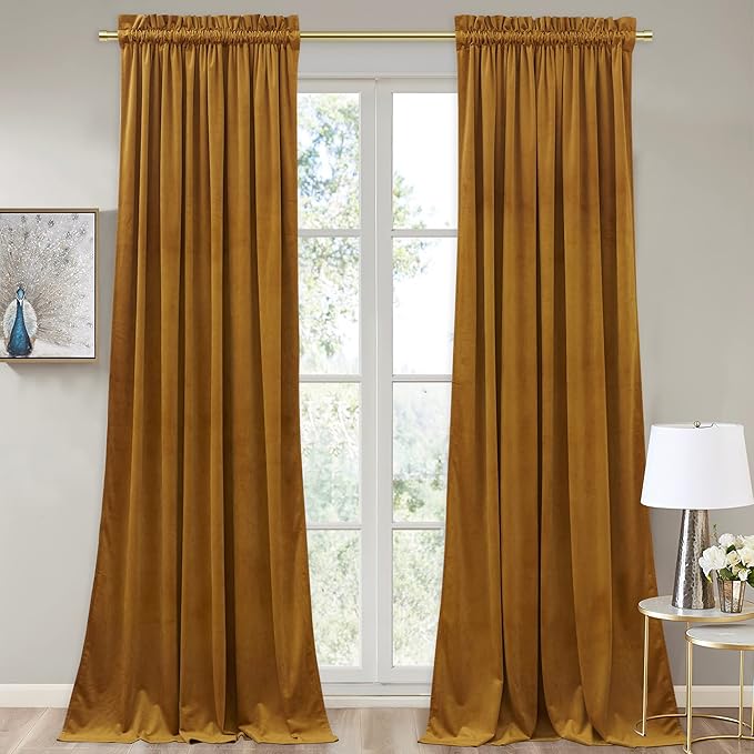 StangH Mustard Gold Velvet Curtains 92 inches Stylish Room Darkening Drapes for Living Room, Soft Thermal Insulated Curtains for Bedroom, Vibrant Home Decor, W52 x L92, 2 Panels