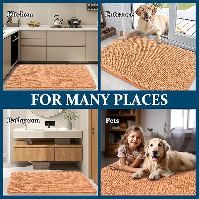 OLANLY Dog Door Mat for Muddy Paws 59x20, Absorbs Moisture and Dirt, Absorbent Non-Slip Washable Doormat, Quick Dry Chenille Mud Mat for Dogs, Entry Indoor Entryway Carpet for Inside Floor, Orange