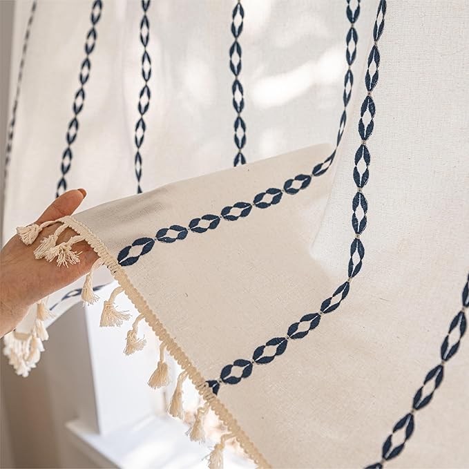 Sutuo Home Boho Valance Curtain 36 inches Tier for Cafe Closet, Short Farmhouse Vintage Tassels Window Treatment Bohemian Embroidery Drape, Rod Pocket 1 Panel 52" W x 36" L, White and Navy Blue