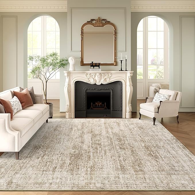 9x12 Area Rugs for Living Room, Non Slip Machine Washable Vintage Rugs, Low Pile Lightweight Large Rug for Bedroom, Dining Room, Home Office Brown