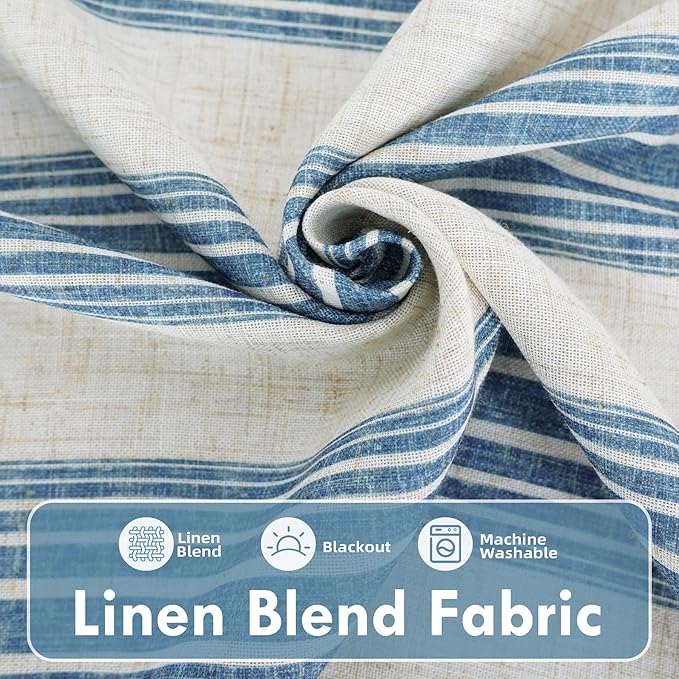 DriftAway Farmhouse Vertical Striped Linen Blend Textured Light Filtering Semi Sheer Curtains for Living Room Bedroom 120 Inches Long Drapes 2 Panels Broad Striped Jean Navy
