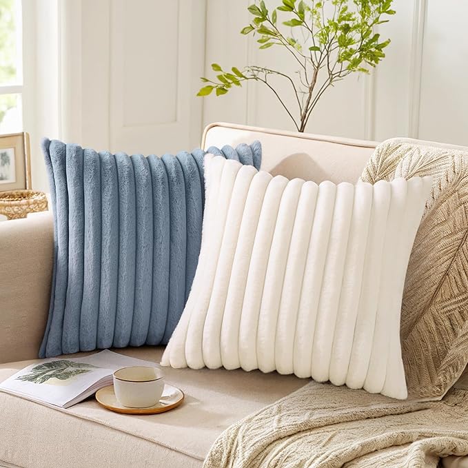 Pallene Faux Fur Plush Lumbar Throw Pillow Covers 12x20 Set of 2, Luxury Soft Fluffy Striped Decorative Pillow Covers for Sofa, Couch, Living Room, Blue Grey