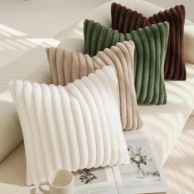 decorUhome Faux Fur Throw Pillow Covers 24x24 Set of 2, Decorative Soft Plush Striped Neutral Couch Euro Pillow Covers with Velvet Back for Sofa, Bed, Living Room Home Decor, Olive Green