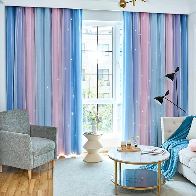 Star Blackout Curtains for Bedroom - Rainbow, 96 Inches Long 2 Panels, Blue & Purple & Pink