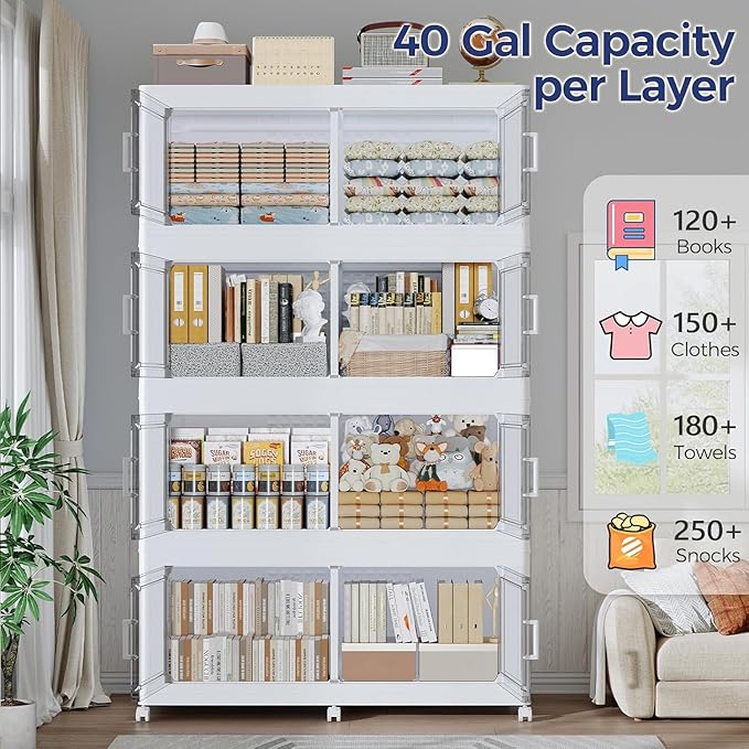 160GAL Storage Bins with Lid and Wheels, Stackable Closet Organizers and Storage Drawer, Collapsible Storage Box with Dividers, Foldable Plastic Cabinets for Room, Kitchen, 4 Pack White