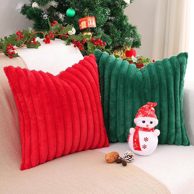 Pallene Faux Fur Plush Christmas Throw Pillow Covers 22x22 Set of 2, Luxury Soft Fluffy Striped Decorative Pillow Covers for Sofa, Couch, Living Room, Red