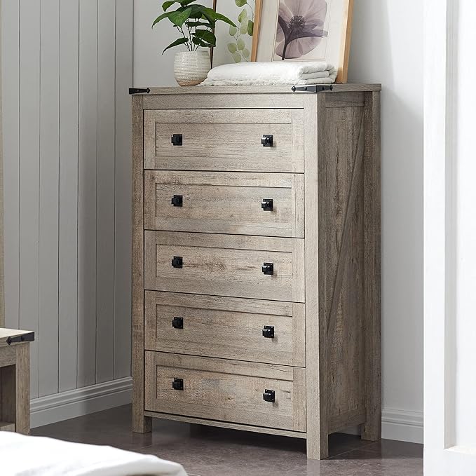 T4TREAM Farmhouse 5 Drawers Dresser Chests for Bedroom, Wood Rustic Tall Chset of Drawers,Dressers Organizer for Bedroom, Living Room,Hallway, Light Rustic Oak