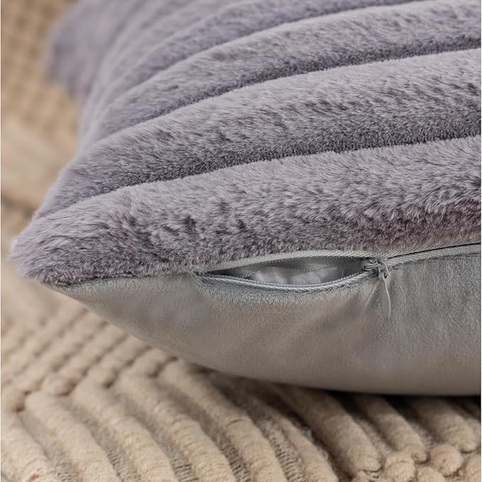 ZLINA Set of 2 Dark Grey Faux Fur Decorative Throw Pillow Covers Fluffy Striped Pillowcase Cushion Covers 24 x 24 Inch Decor Sofa Couch Bedroom