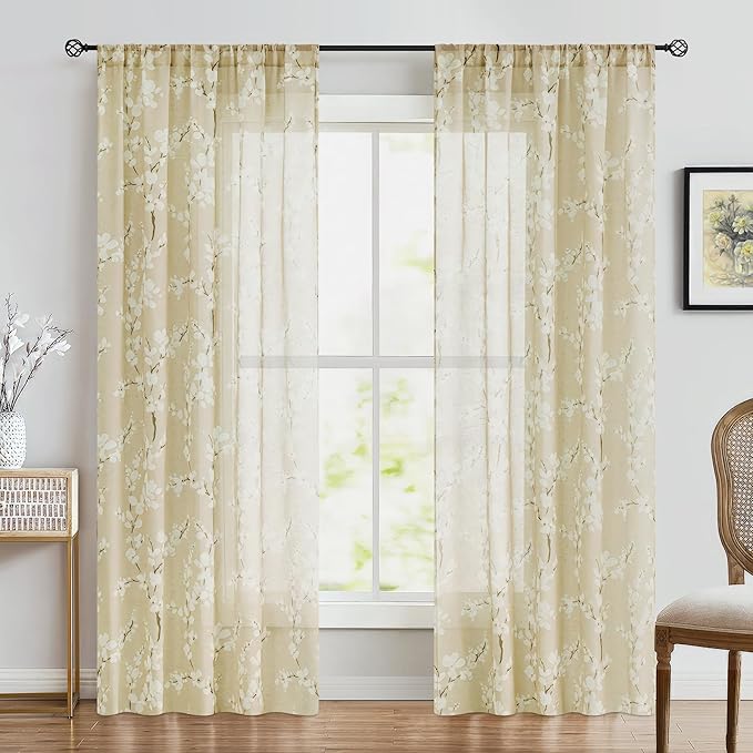 FMFUNCTEX Linen Sheer Curtains for Living Room, Cream Blossom Floral Print Curtains 63 Inch Length for Bedroom, Light Filtering Linen Blend Butter Yellow Floral Window Curtain 2 Panels Rod Pocket