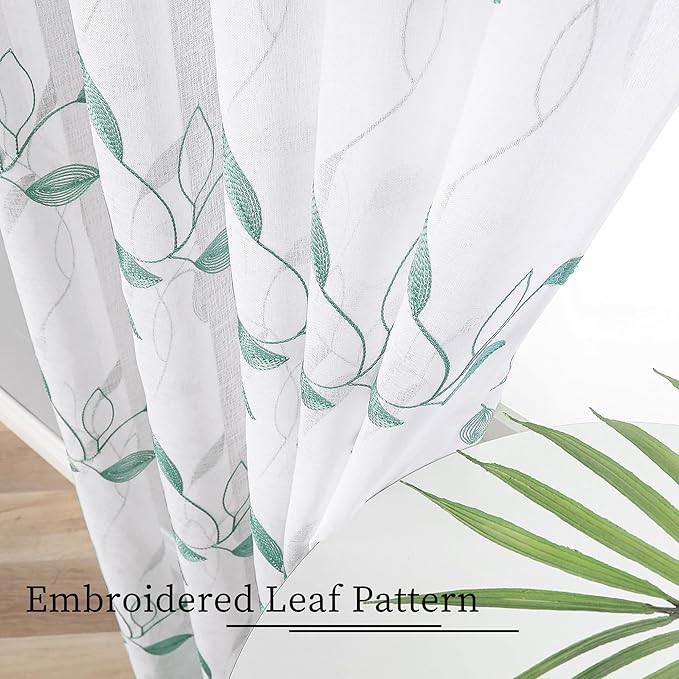 Tollpiz Teal Blue Leaf Sheer Tier Curtains Leaves Embroidered Kitchen Short Curtain Rod Pocket Voile Bathroom Curtains for Cafe, 30 x 24 inches Long, Set of 2 Panels
