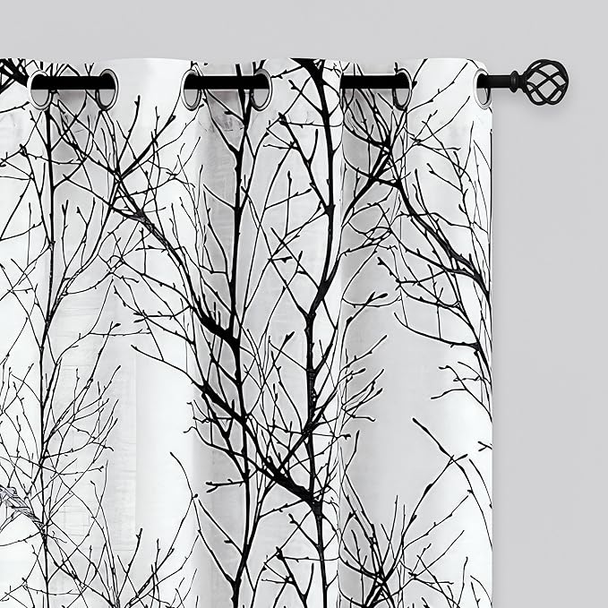 FMFUNCTEX Linen Semi Sheer Curtains for Bedroom, Black White Curtains 96 Inches Long for Living Room, Grey Tree Branch Patterned Curtain Light Filtering Farmhouse Window Drapes, Grommet Top 2 Panels