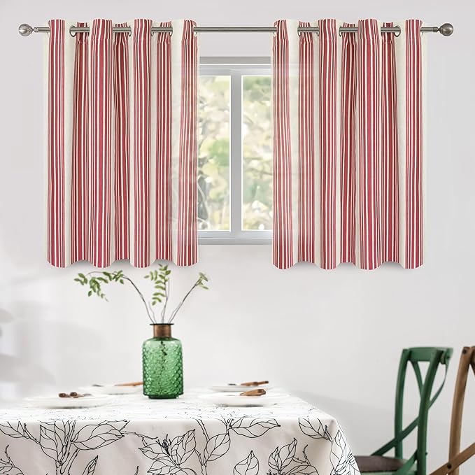 DriftAway Farmhouse Vertical Striped Linen Blend Textured Light Filtering Semi Sheer Curtains for Living Room Bedroom 36 Inches Long Drapes 2 Panels Broad Striped Red