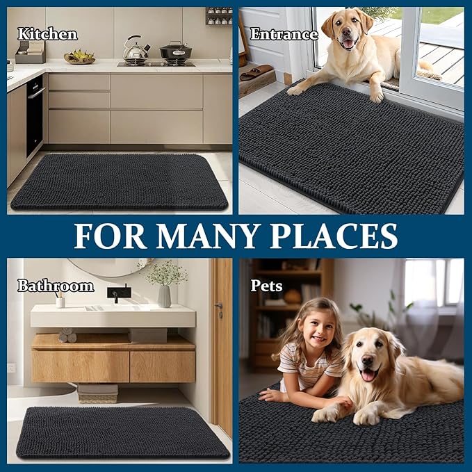 OLANLY Dog Door Mat for Muddy Paws 70x32, Absorbs Moisture and Dirt, Absorbent Non-Slip Washable Doormat, Quick Dry Chenille Mud Mat for Dogs, Entry Indoor Entryway Carpet for Inside Floor, Dark Grey