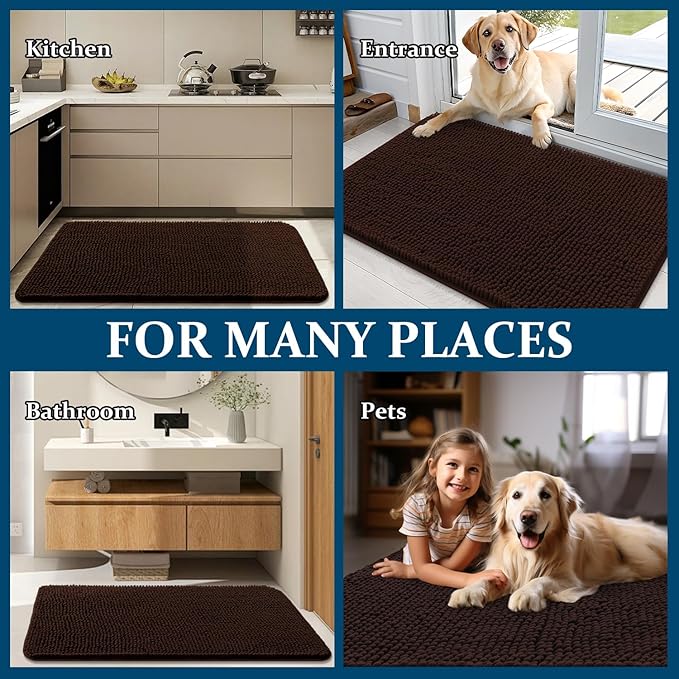 OLANLY Dog Door Mat for Muddy Paws 47x20, Absorbs Moisture and Dirt, Absorbent Non-Slip Washable Doormat, Quick Dry Chenille Mud Mat for Dogs, Entry Indoor Entryway Carpet for Inside Floor, Brown