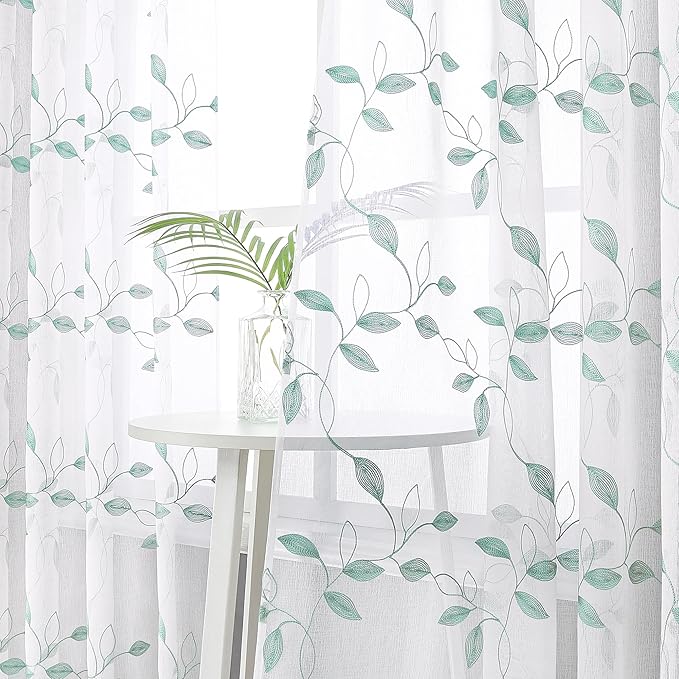 Tollpiz Teal Blue Leaf Sheer Tier Curtains Leaves Embroidered Kitchen Short Curtain Rod Pocket Voile Bathroom Curtains for Cafe, 30 x 24 inches Long, Set of 2 Panels