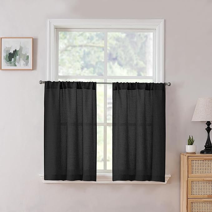 Tollpiz Linen Tier Curtains Rod Pocket Semi Sheer Short Kitchen Curtain Half Burlap Light Filtering Thick Linen Drape for Bathroom, 30 x 30 inches Long, Black, Set of 2 Panels