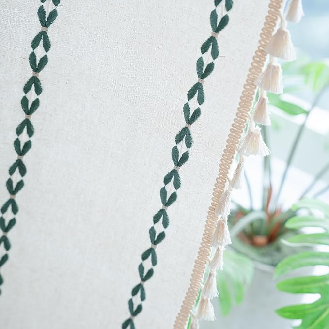 Sutuo Home Boho Curtains for Living Room Bedroom, Semi Blackout Farmhouse Vintage Tassels Window Treatment Bohemian Embroidery Drape, Rod Pocket 1 Panel 52" W x 96" L, White and Emerald Green